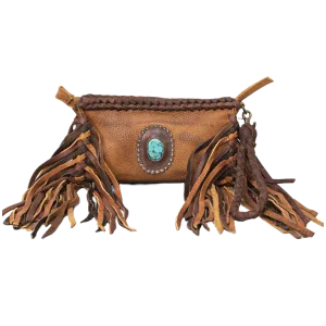 American Darling Turquiose Stone Fringed Brown Leather Clutch ADBGM271A