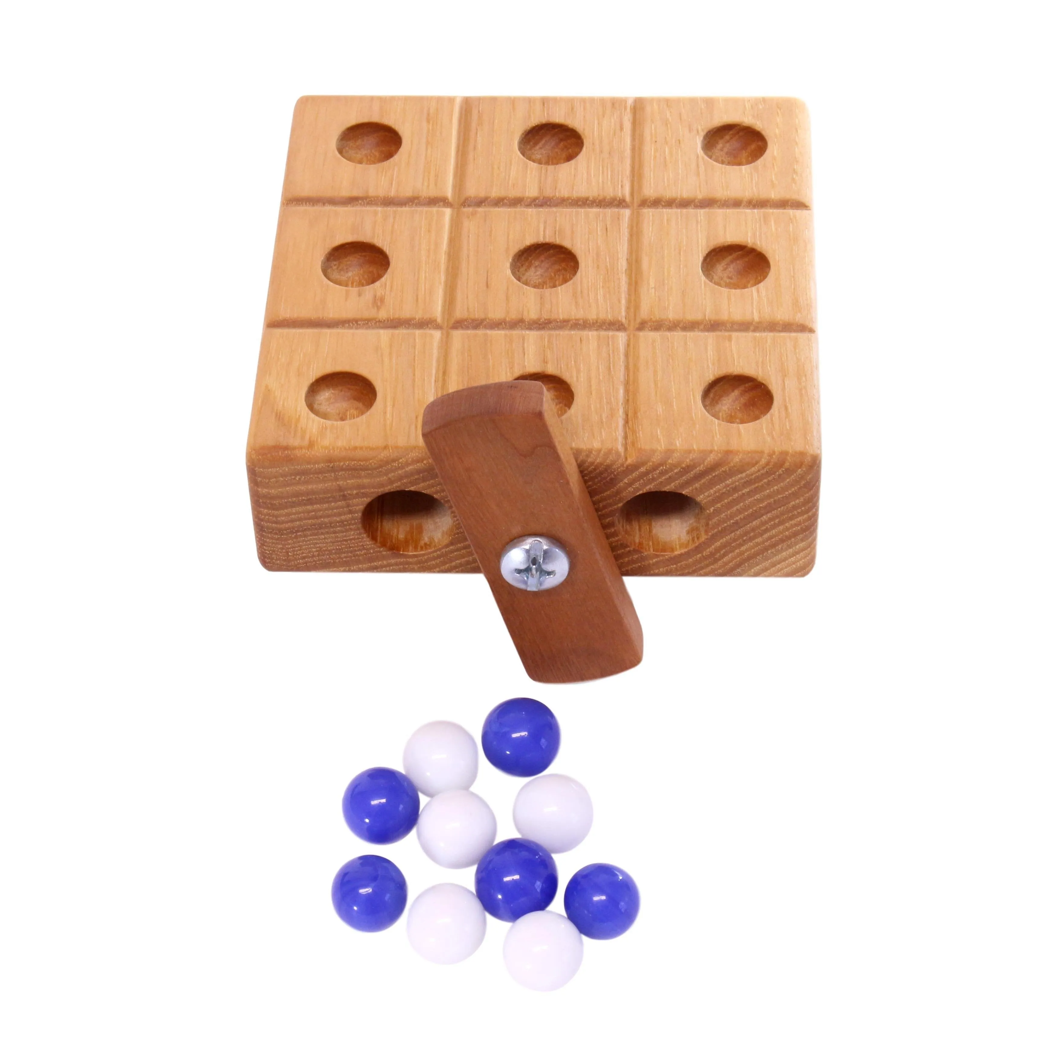 Amish-Made Wooden Travel Tic Tac Toe Game With Glass Marbles