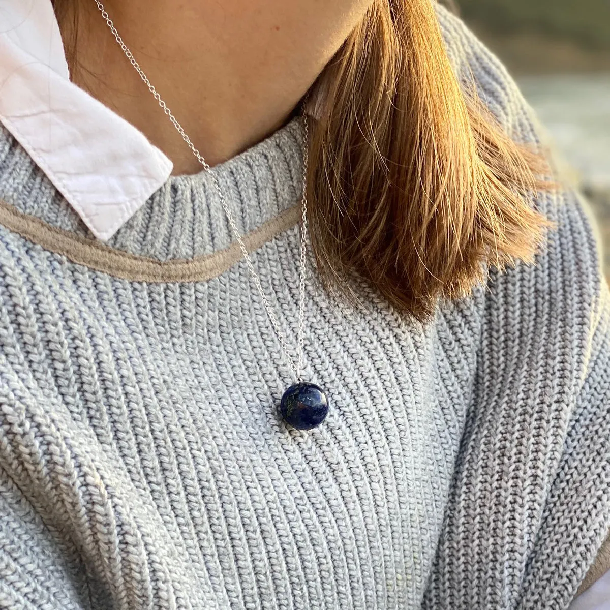 Blue Marble Ocean Blue Lapis Lazuli Earth Symbol Necklace and Earrings Set - Silver