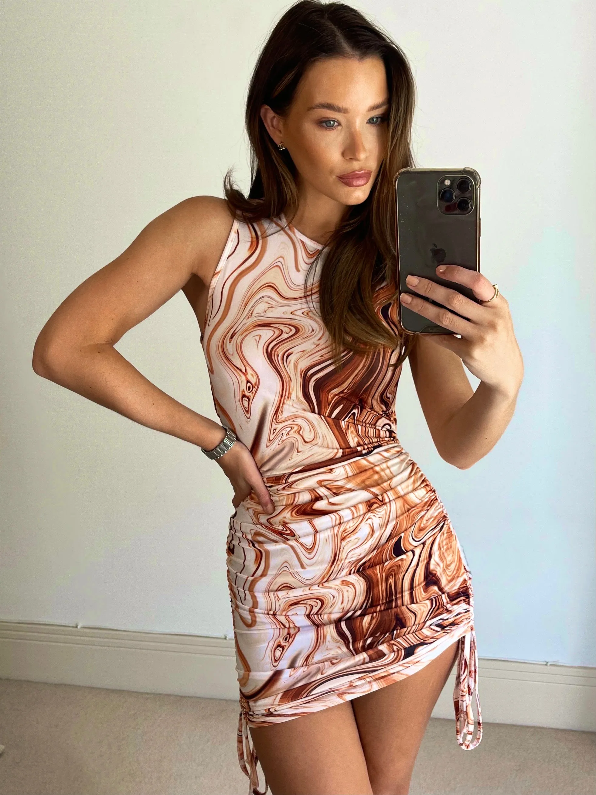 Chloe Orange And Brown Marble Printed Ruched Mini Dress