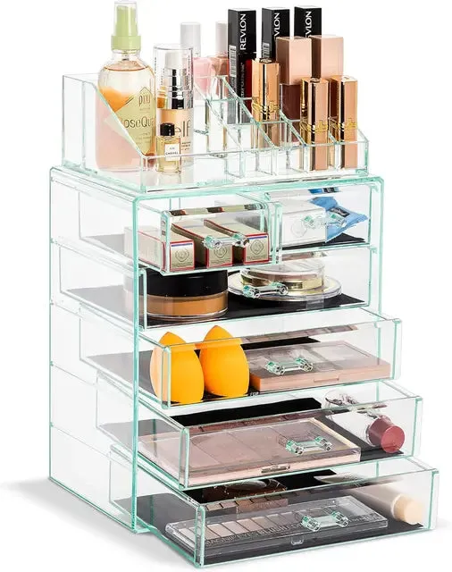 Clear Acrylic Cosmetic Organizer with Removable Top Compartment for Makeup and Jewelry Storage