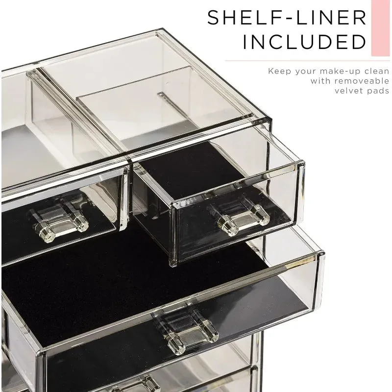 Clear Acrylic Cosmetic Organizer with Removable Top Compartment for Makeup and Jewelry Storage