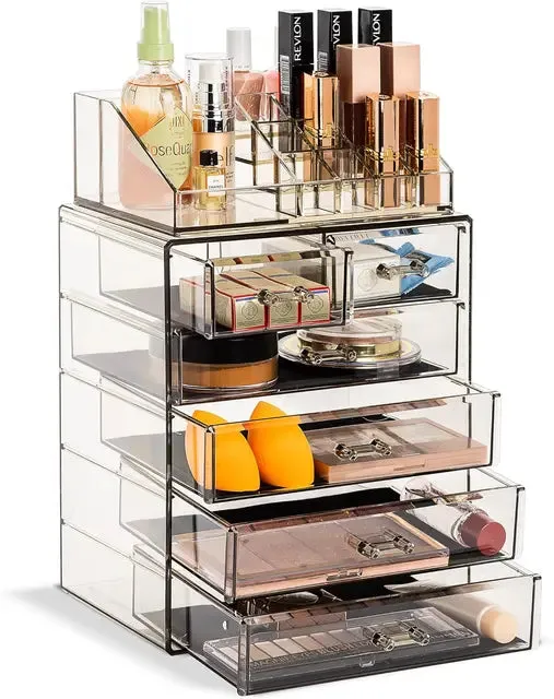 Clear Acrylic Cosmetic Organizer with Removable Top Compartment for Makeup and Jewelry Storage