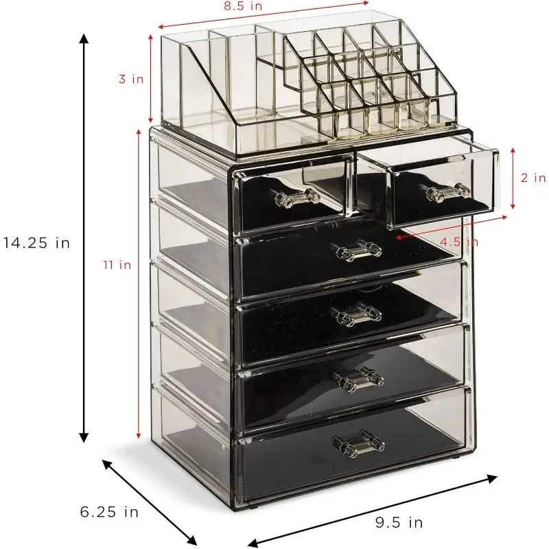 Clear Acrylic Cosmetic Organizer with Removable Top Compartment for Makeup and Jewelry Storage