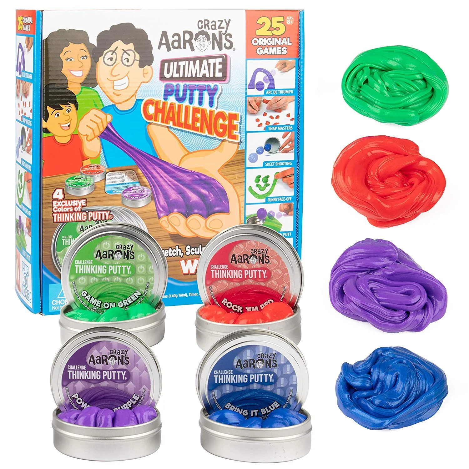 Crazy Aaron's Ultimate Putty Challenge Board Game - 25 Ways to Play and Four Exclusive 3" Thinking Putty Tins - World’s First Putty Family Party Game