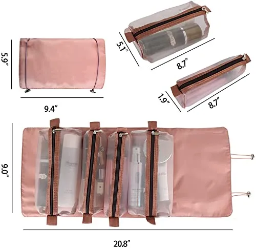 JIALTO Makeup Pouch for Women Makeup Kit, Roll Up Pouch Makeup Organizer Box | Folding Travel Toiletry Bag with 4 Compartments | Detachable Cosmetic Organizer (Pink)