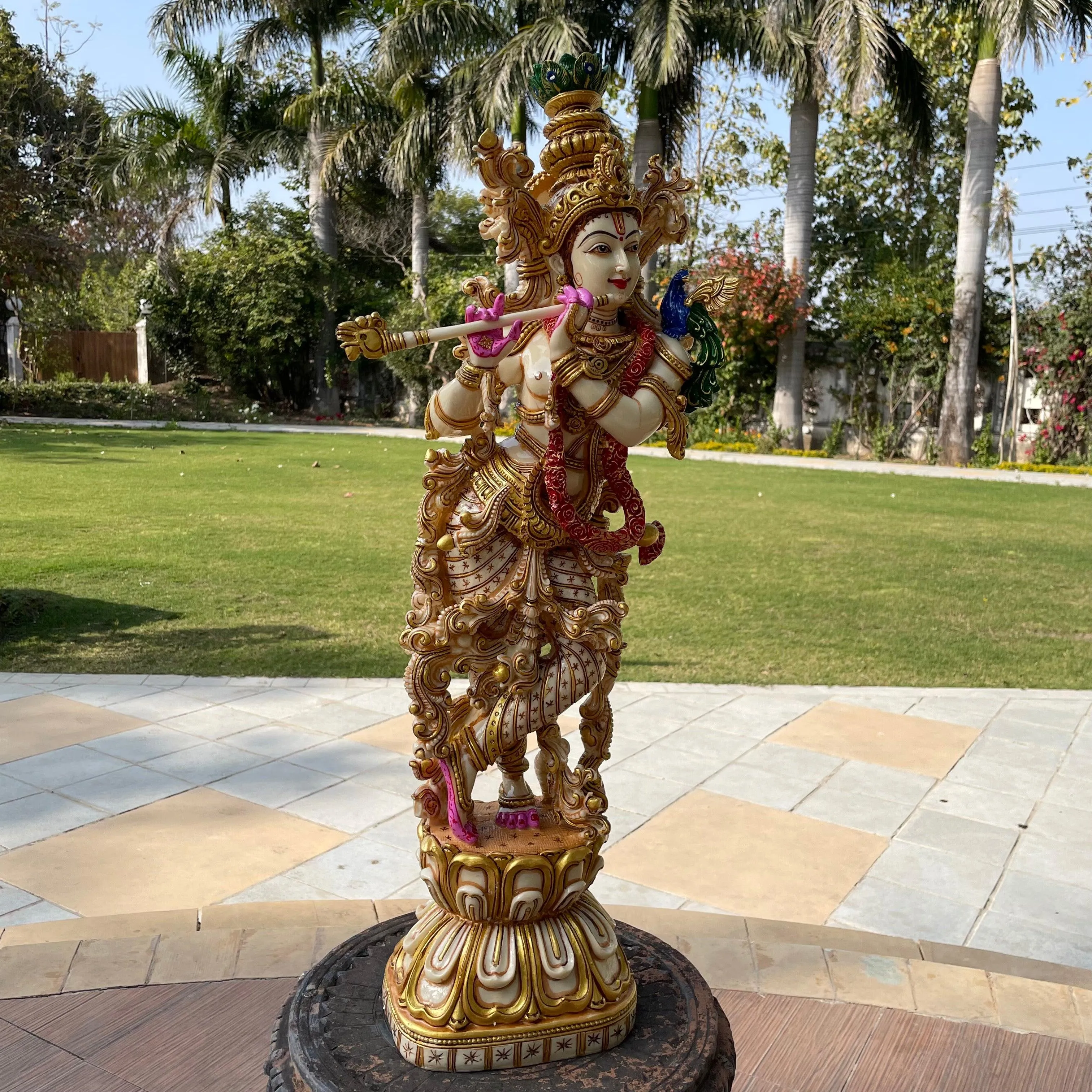 Large Krishna Statue, 29 Inch Cultured Marble Idol Entrance Decor