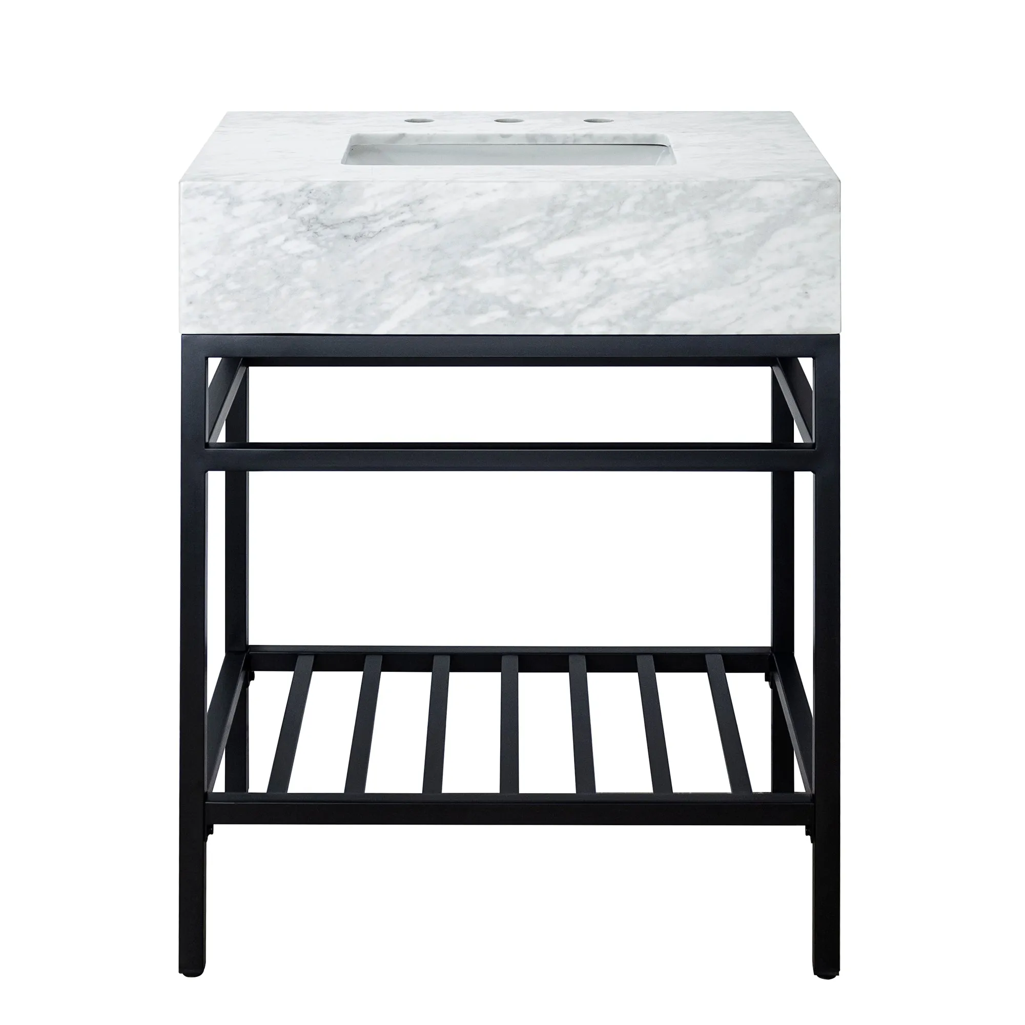 Rens Freestanding Bath Vanity in Italy Carrara White Marble top with Black Metal Shelf