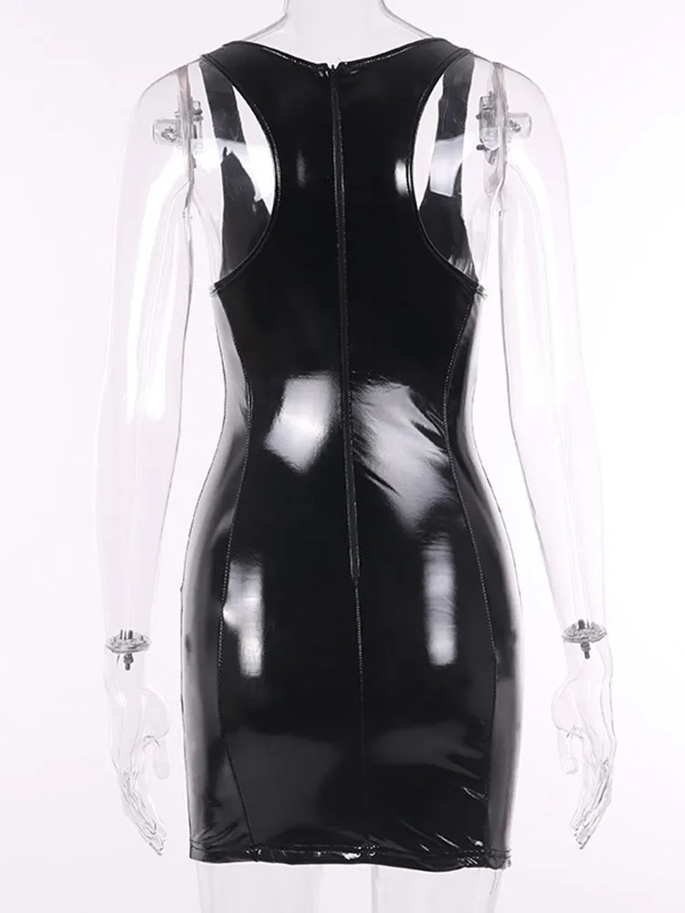 Sexy Black Faux Patent Leather Bodycon Mini Dress