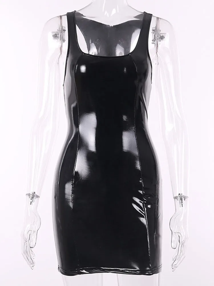 Sexy Black Faux Patent Leather Bodycon Mini Dress