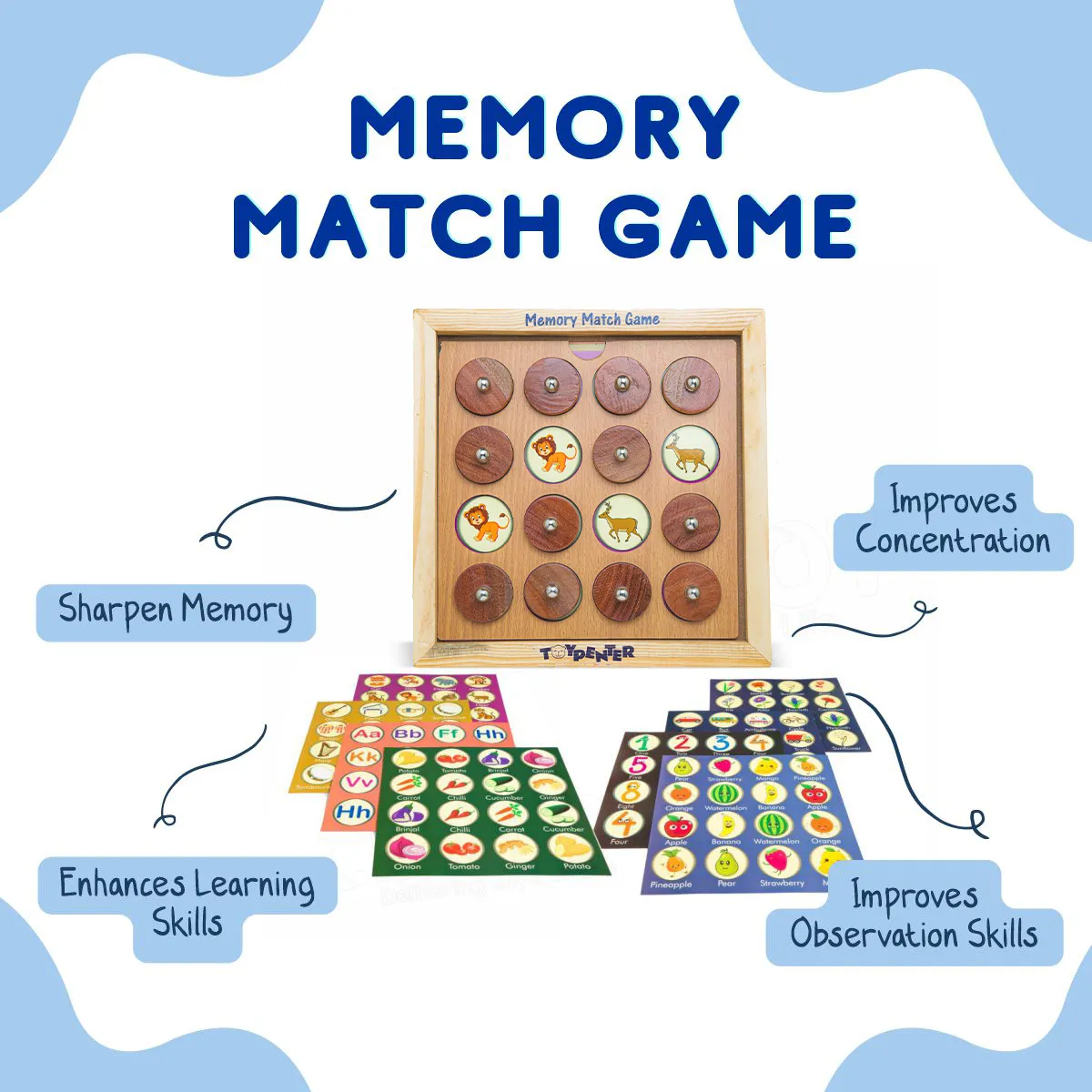 TOYPENTER Wooden Memory Matching Game/ Memory Skill Game for Kids 3  Years I Brain Games for kids with 8 Theme Cards