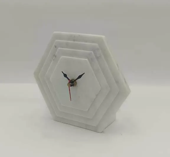 VR SOURCING Hexagonal White Marble Table Clock with Black Hands