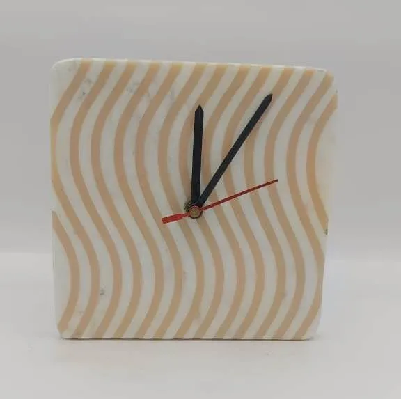 VR SOURCING White Marble Square Shape Table Clock with Inlay Work