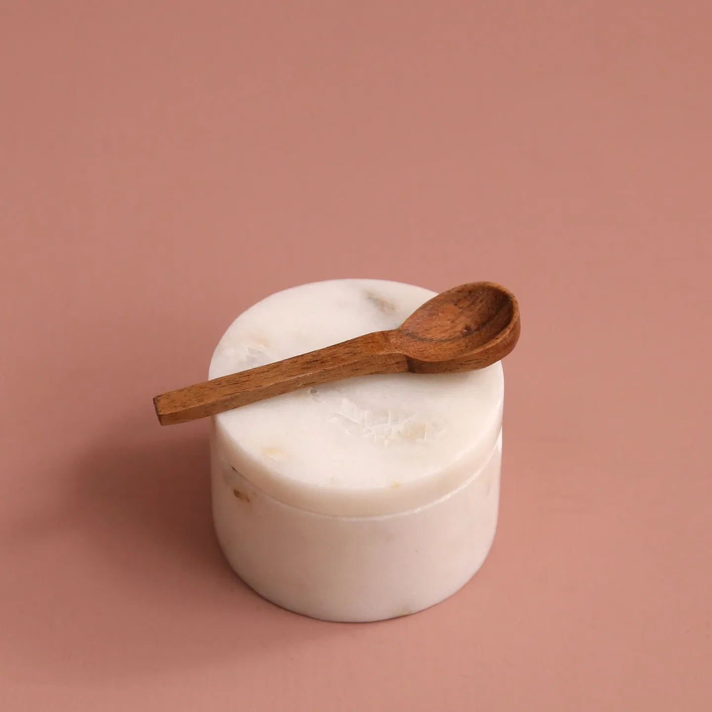 White Marble Lidded Salt Cellar w/ Wooden Spoon