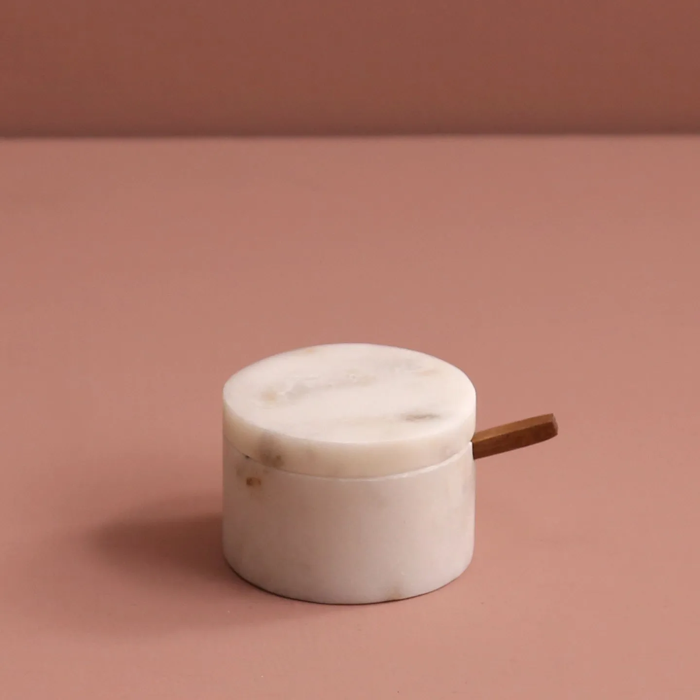 White Marble Lidded Salt Cellar w/ Wooden Spoon