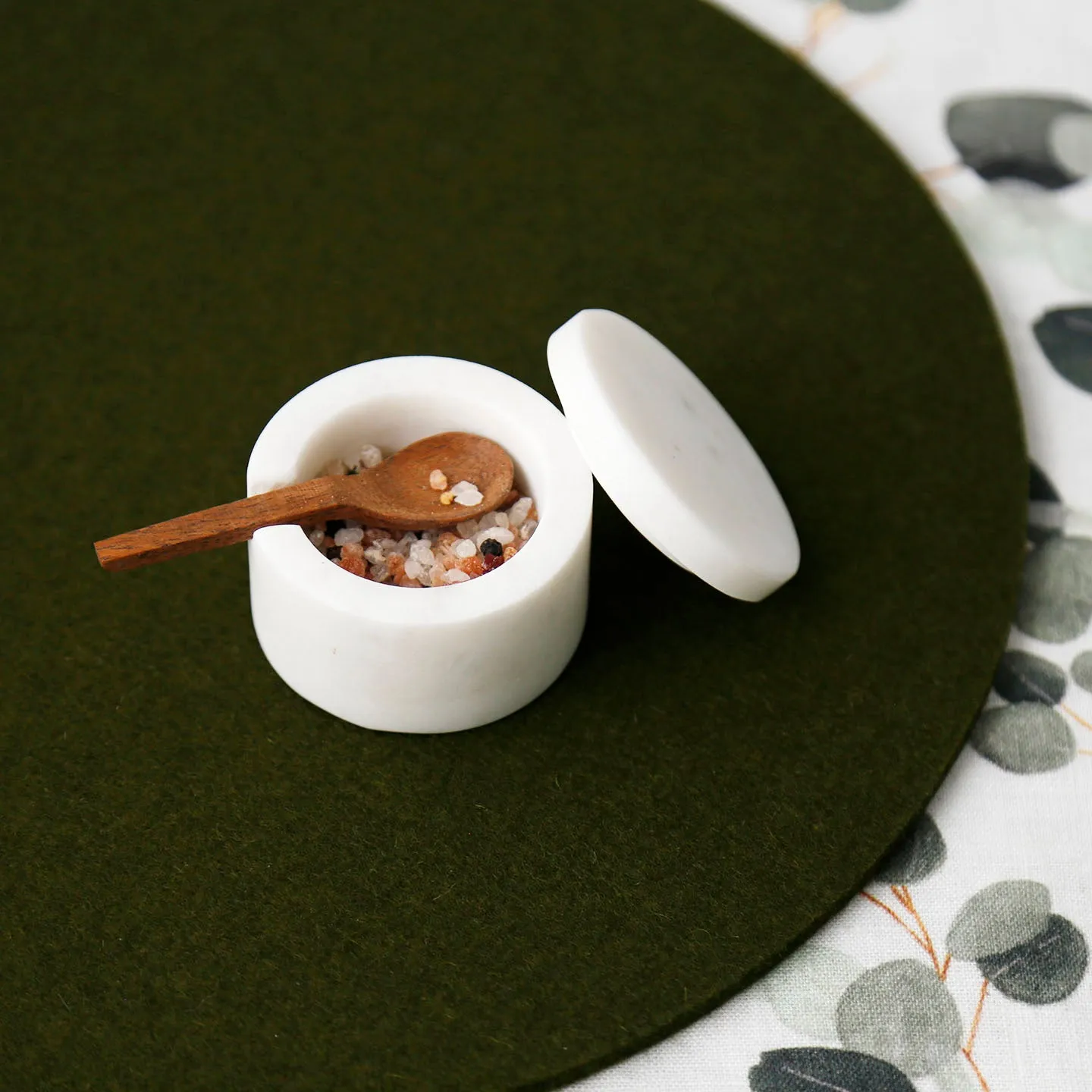 White Marble Lidded Salt Cellar w/ Wooden Spoon