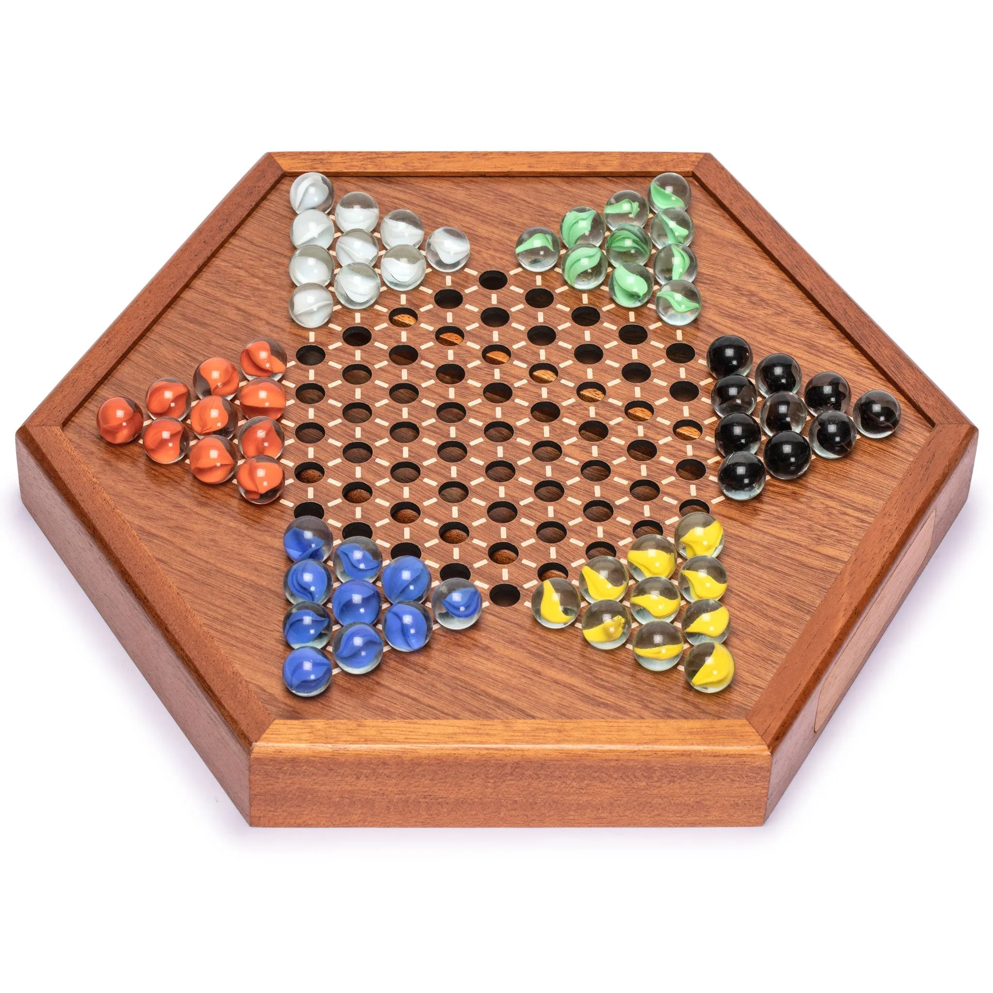 Wooden Chinese Checkers Halma Board Game Set with Drawers and Colorful Glass Marbles - 12.7 Inches