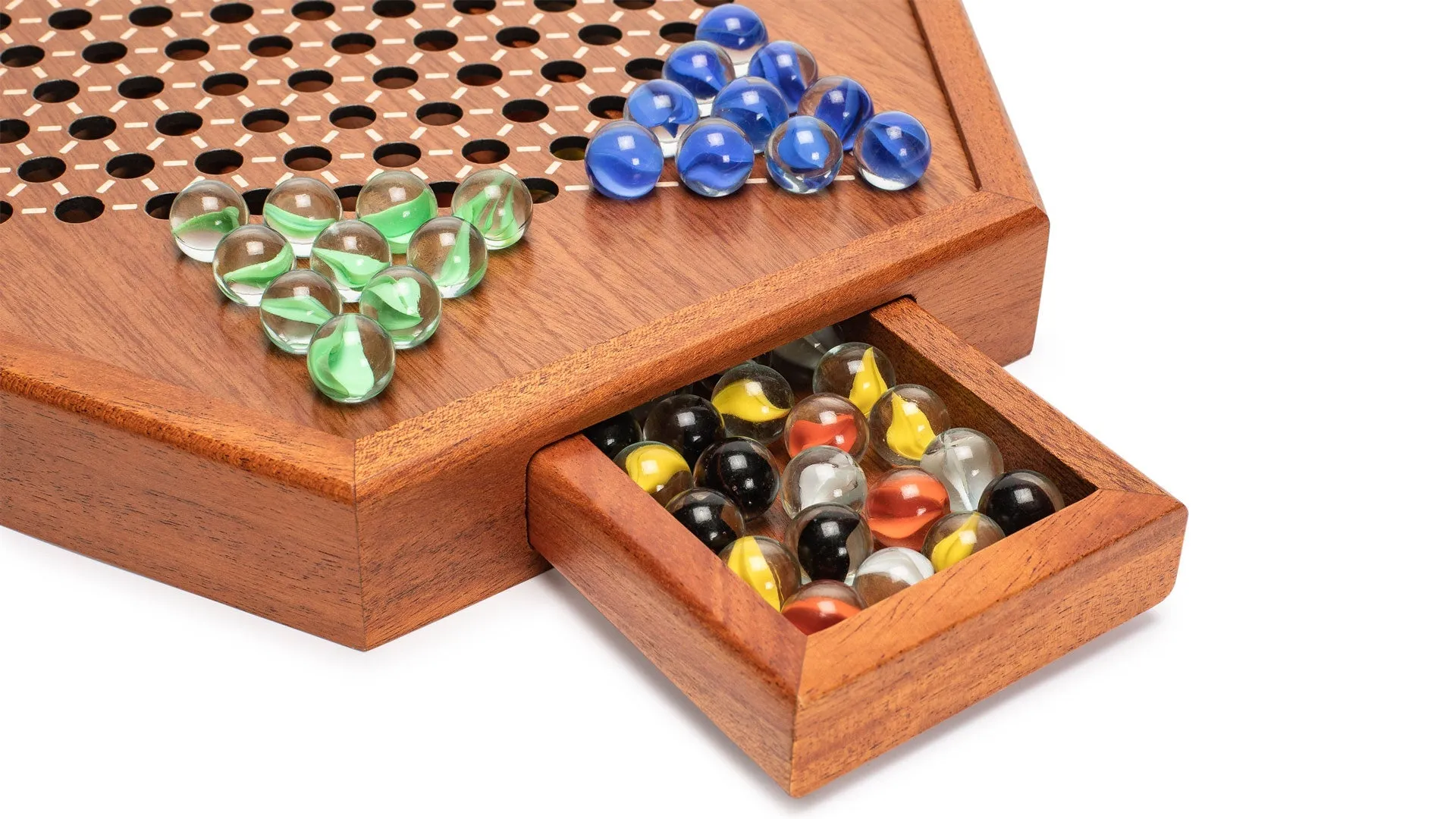 Wooden Chinese Checkers Halma Board Game Set with Drawers and Colorful Glass Marbles - 12.7 Inches