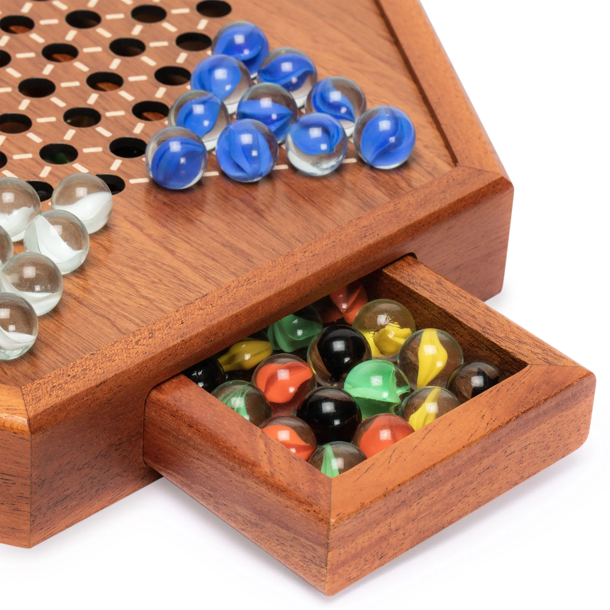 Wooden Chinese Checkers Halma Board Game Set with Drawers and Colorful Glass Marbles - 12.7 Inches