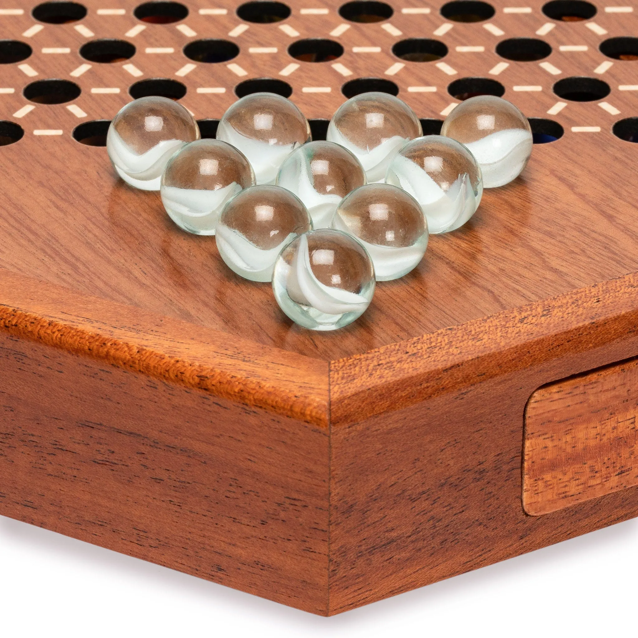 Wooden Chinese Checkers Halma Board Game Set with Drawers and Colorful Glass Marbles - 12.7 Inches