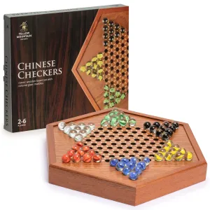 Wooden Chinese Checkers Halma Board Game Set with Drawers and Colorful Glass Marbles - 12.7 Inches